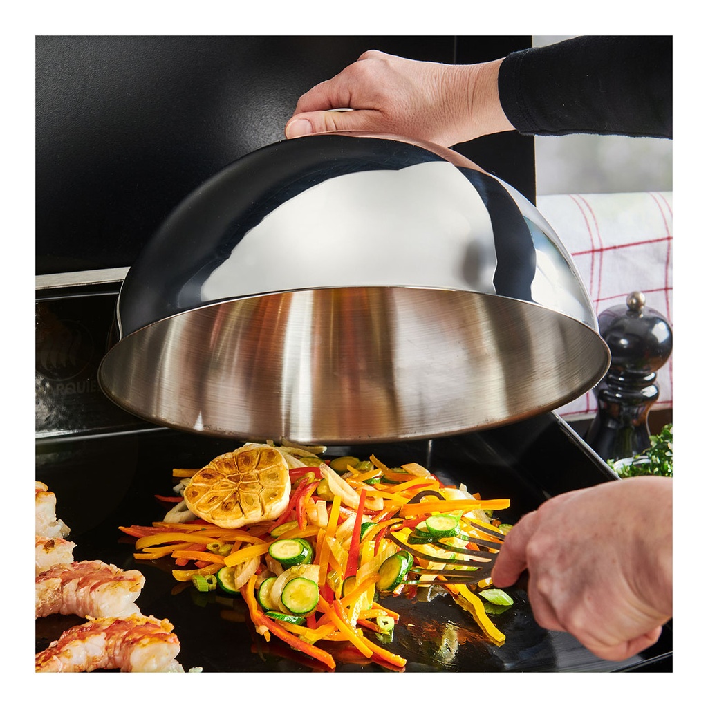 Stainless steel cooking bell, 30 cm diameter, with steam hole.